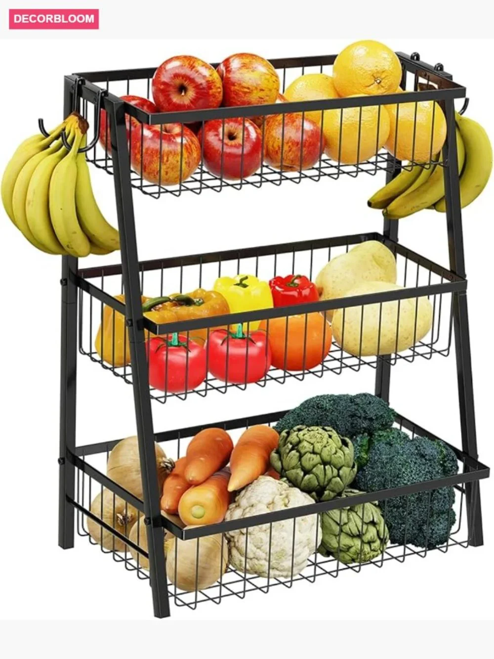 3-Tier Trapezoidal Fruit Basket with Banana Hooks, Metal Wire Kitchen Organizer
